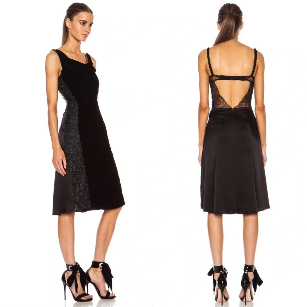NWOT Nina Ricci Velvet Lace Panel Satin Dress Black French Designer Cocktail 8